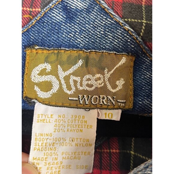 Vintage Acid Wash Denim Jean Bomber Jacket Blue 10 Flannel Plaid 80s Y2K Preppy - Picture 9 of 16